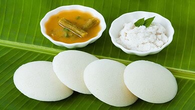 Idli served with sambar and coconut chutney at a 60-year-old Hyderabad eatery.