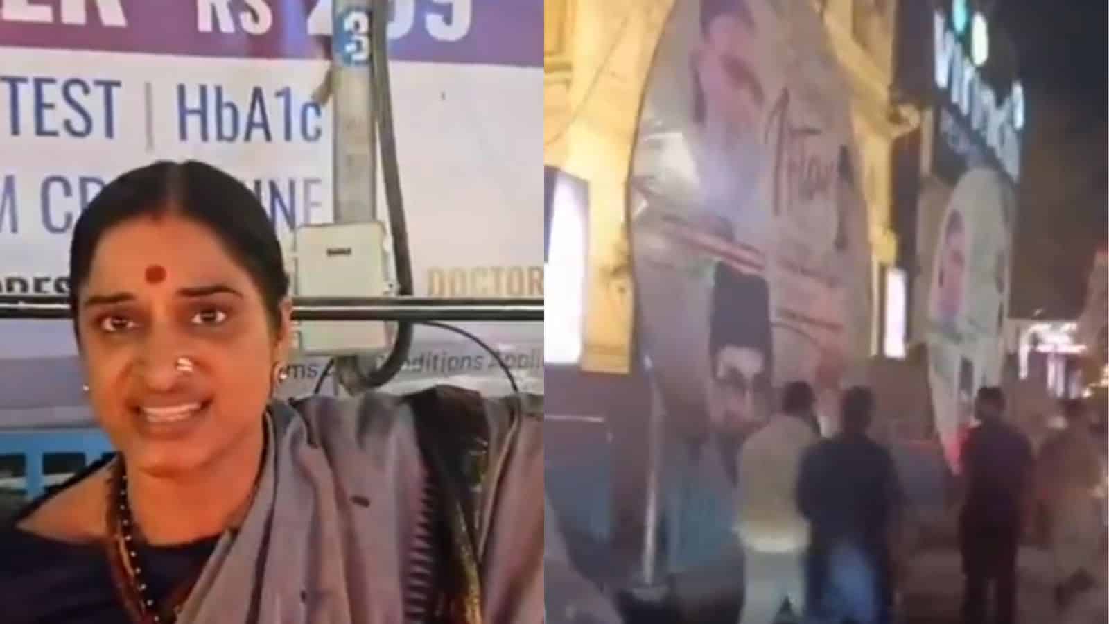 Madhavi Latha tears down AIMIM iftar posters in front of Virinchi Hospital during a political demonstrati.