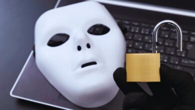 Image shows a mask on a laptop and an open lock