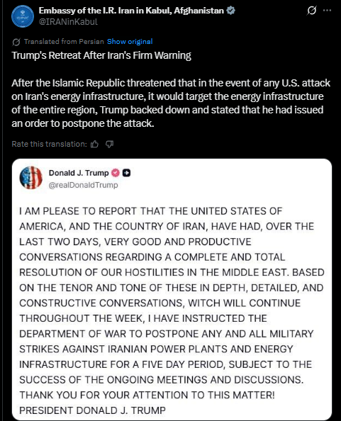 Iran embassy Kabul post claims Trump backed down after warning.