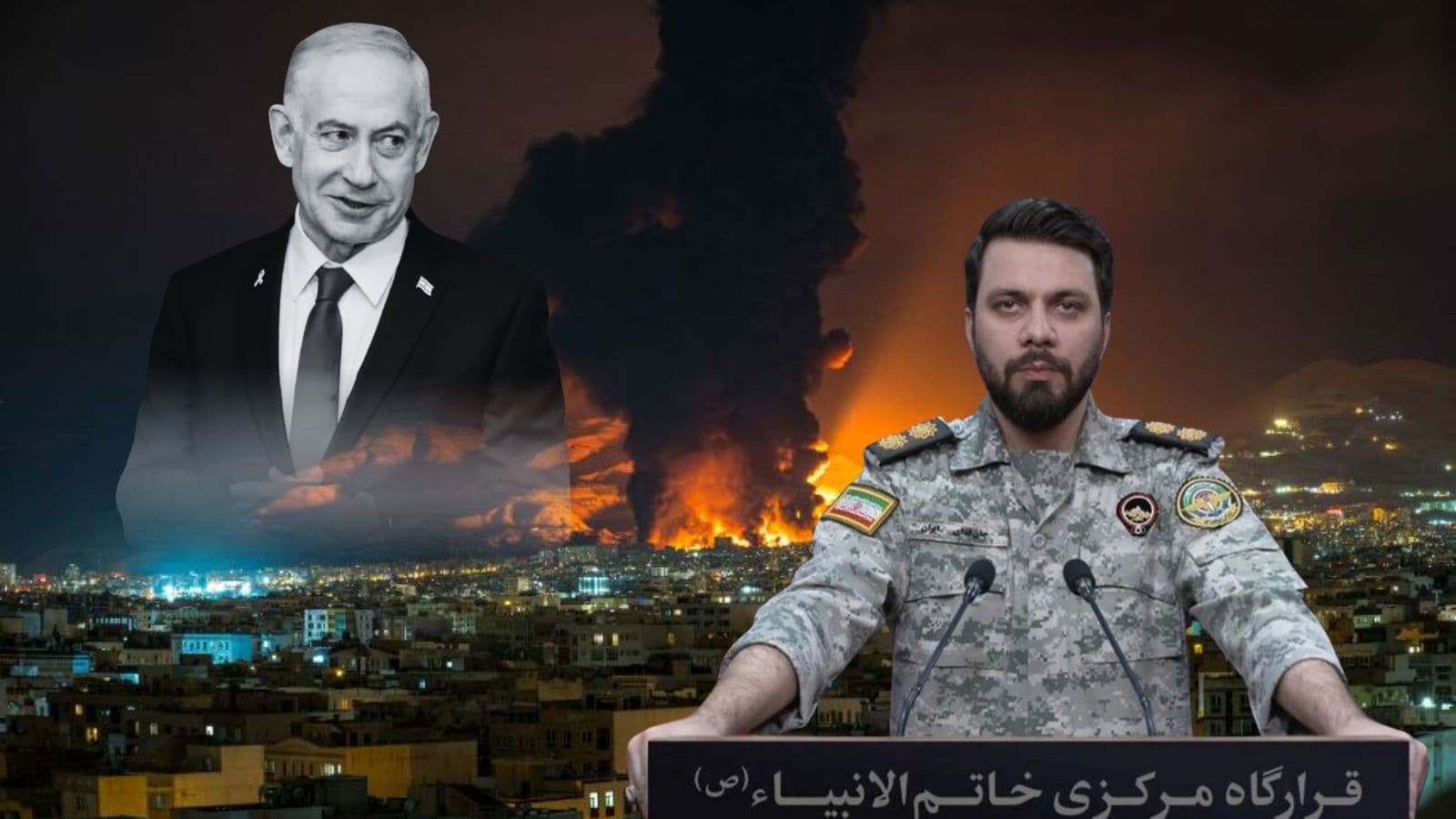 Image of a politician and a soldier during a crisis with smoke and cityscape background.