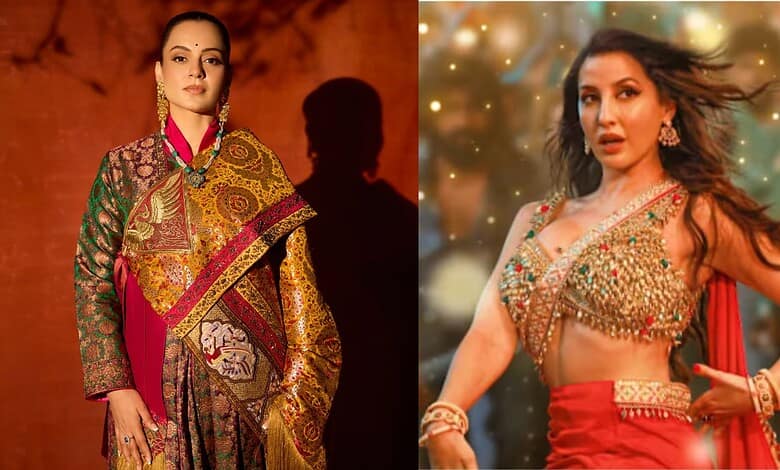 Nora Fatehi in traditional and dance costumes, highlighting her versatile style and vibrant personality.
