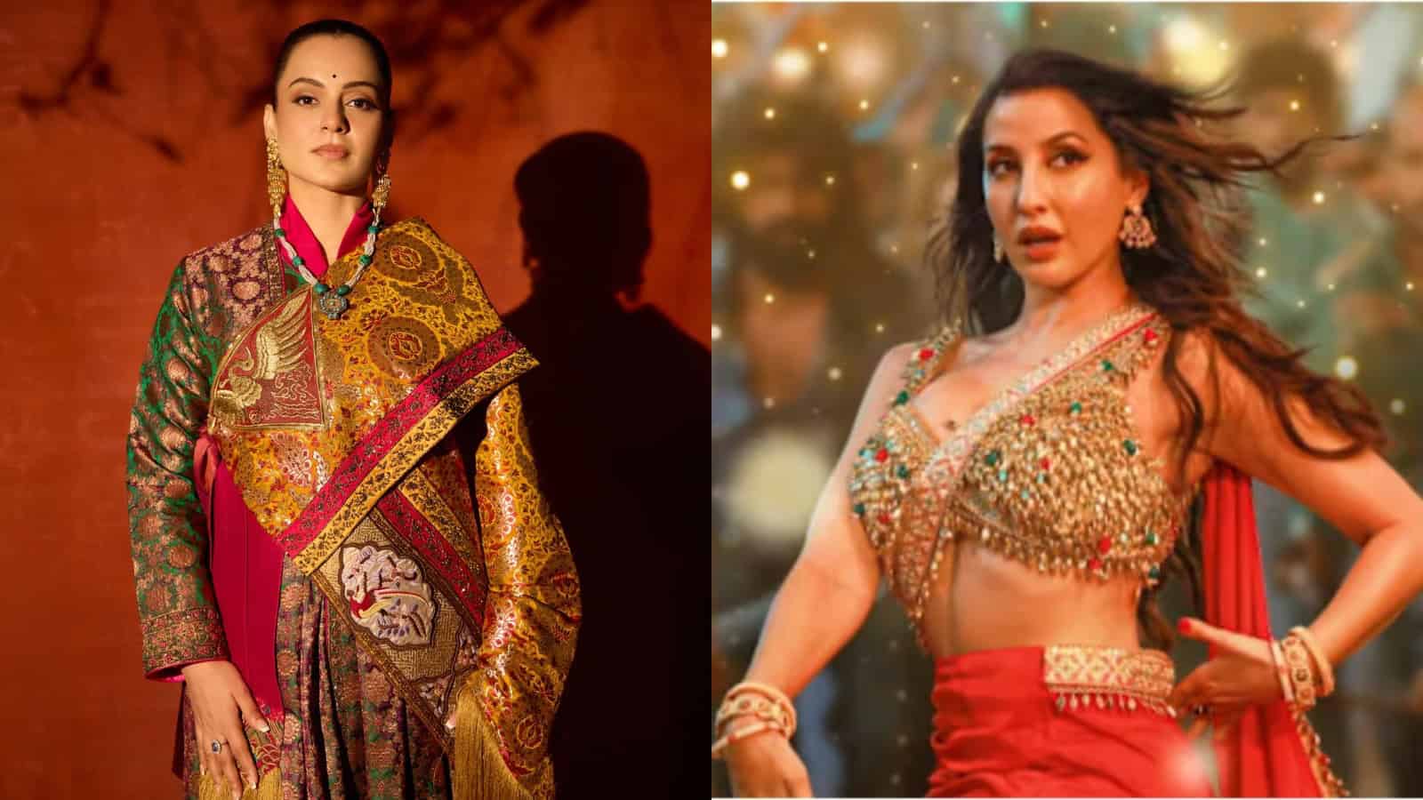 Nora Fatehi in traditional and dance costumes, highlighting her versatile style and vibrant personality.