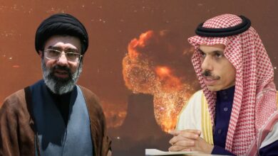 Composite image of Mojtaba Khamenei and Saudi Foreign Minister Prince Faisal bin Farhan with explosion in background.