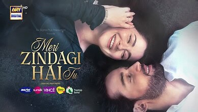 Young couple smiling and lying together, promoting the preponed final episode of Meri Zindagi Hai Tu.