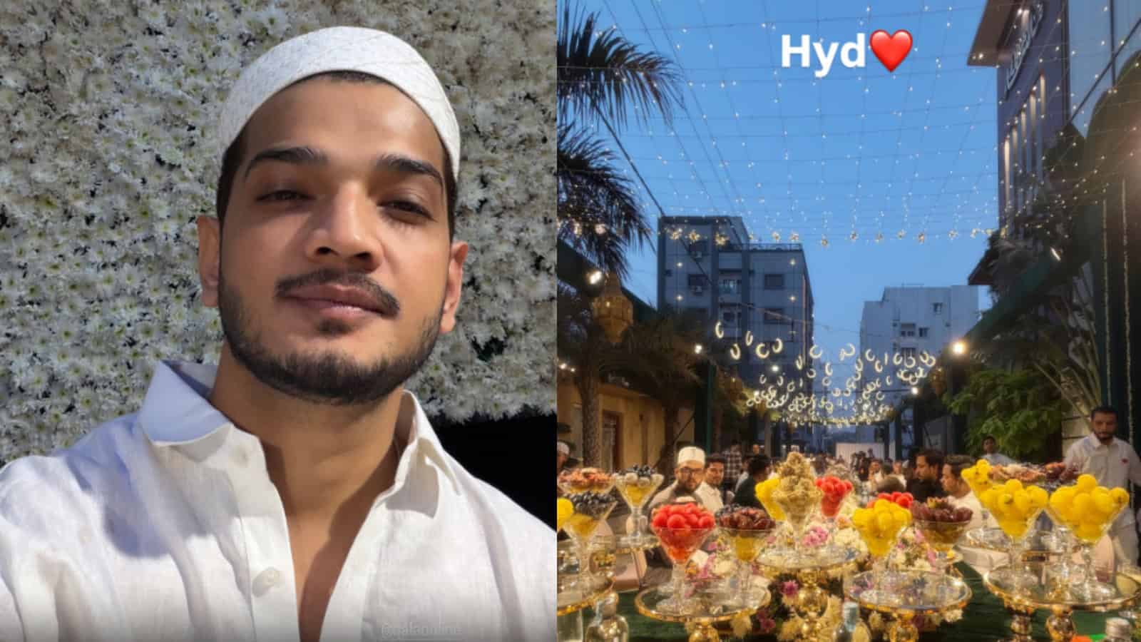 Munawar Faruqui enjoying Iftaar daawat in Hyderabad, surrounded by festive lights and floral arrangements.