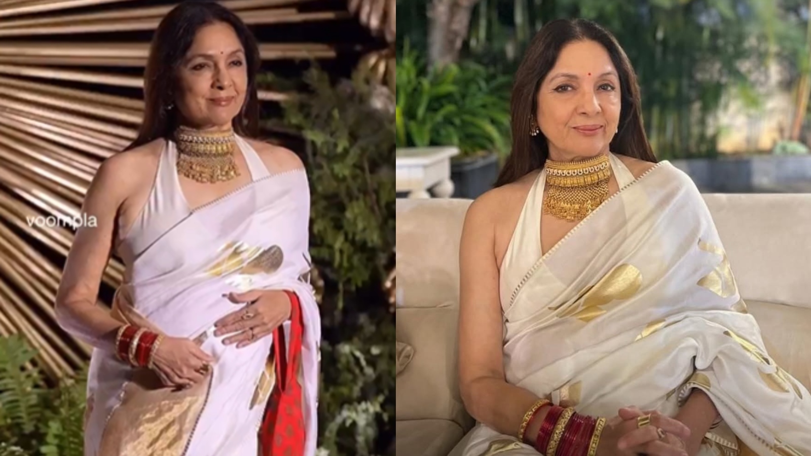 Neena Gupta in traditional white saree with gold jewellery, addressing pregnancy rumours with confidence.