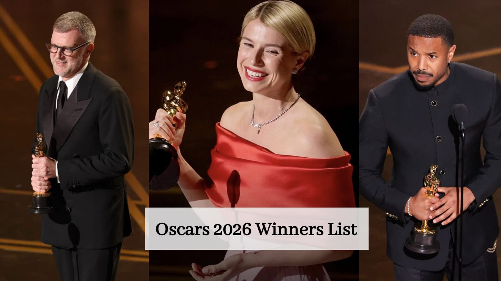 Three Oscar winners at the 2026 ceremony holding their awards on stage.
