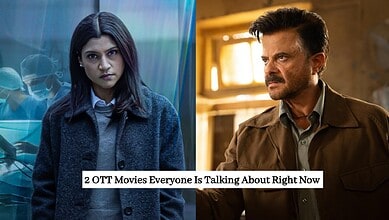 Two popular OTT movies trending now, featuring a woman and a man in intense scenes.