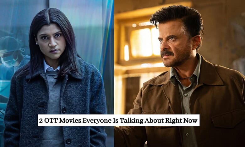 Two popular OTT movies trending now, featuring a woman and a man in intense scenes.