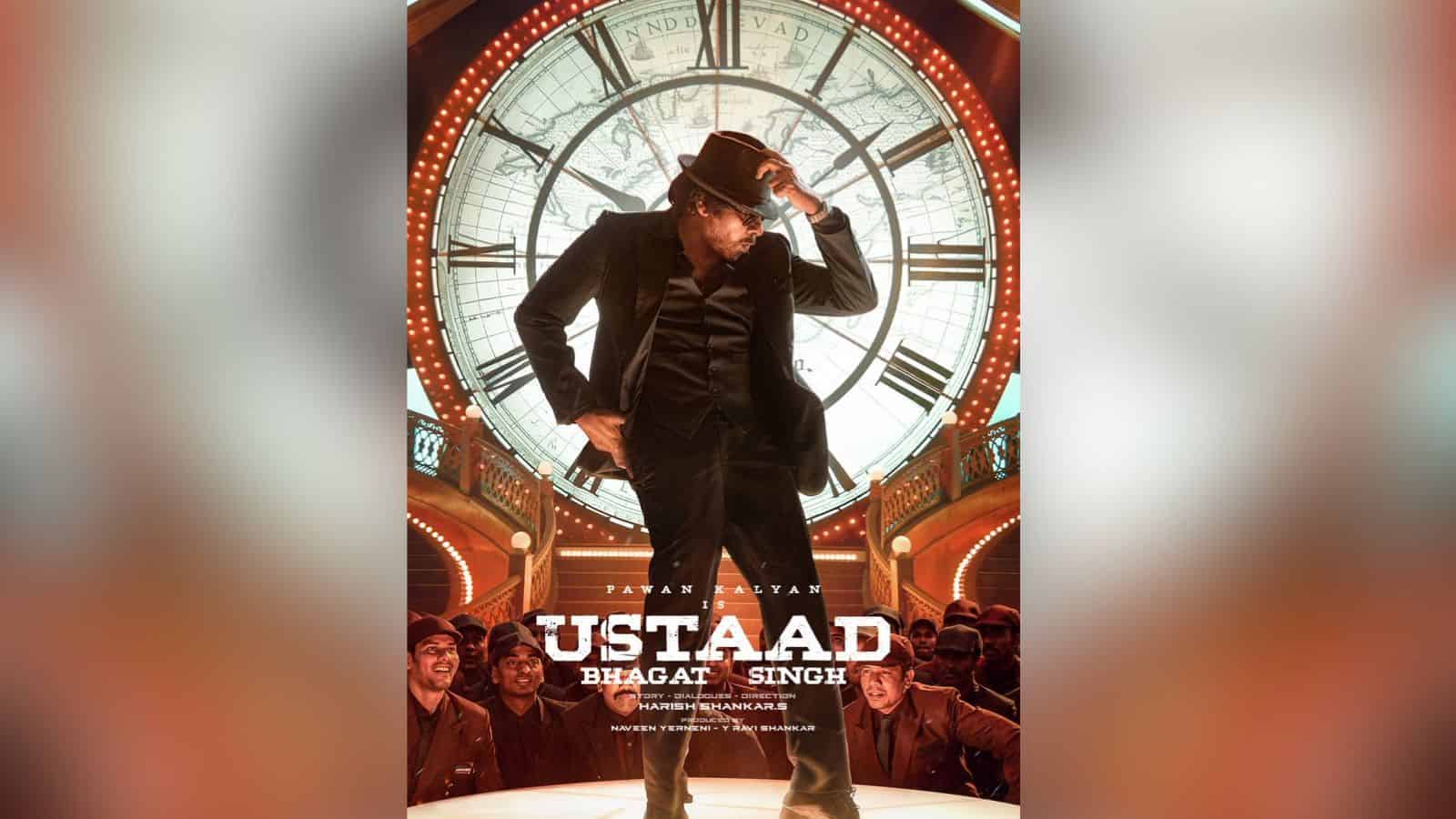 Promotional poster for Usthad Bhagat Singh pre-release event with a man in a suit and hat in front of a c.