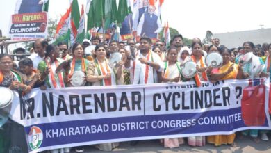 Congress workers protest against Centre over LPG crisis in Hyderabad.