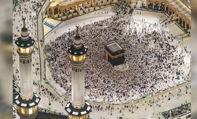 Aerial view of thousands of pilgrims performing Tawaf around the Kaaba at the Grand Mosque in Makkah.