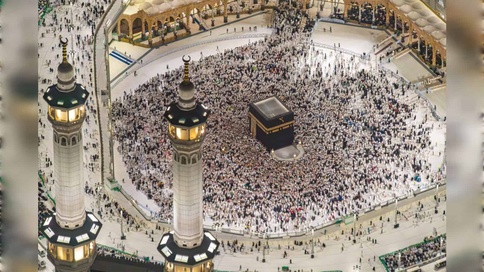 Aerial view of thousands of pilgrims performing Tawaf around the Kaaba at the Grand Mosque in Makkah.