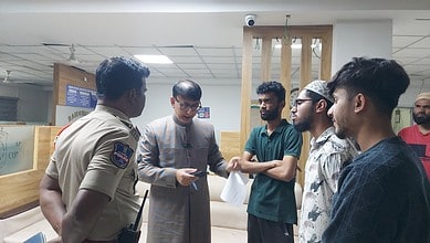 Amjed Ullah Khan and youths at Raidurgam police station in Hyderabad.