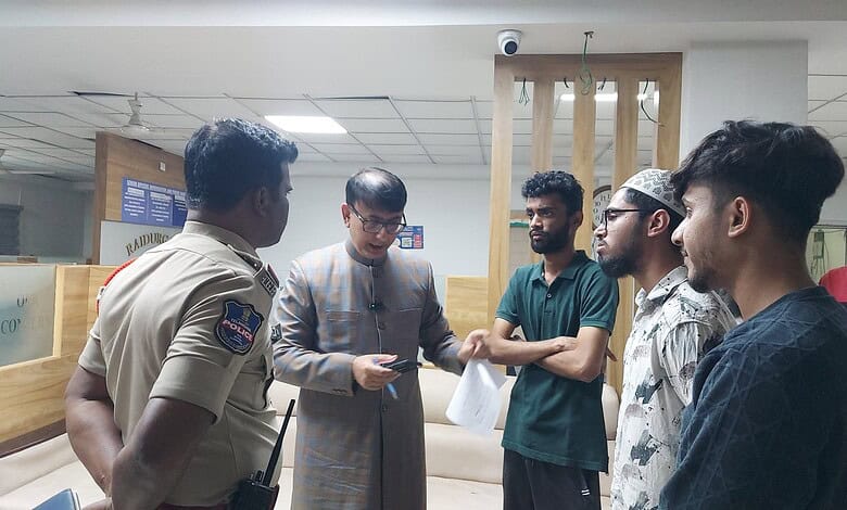 Amjed Ullah Khan and youths at Raidurgam police station in Hyderabad.