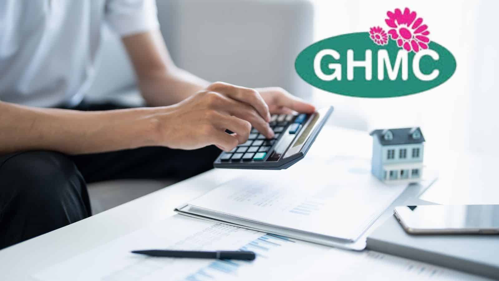 A person calculating property tax benefits with documents, a calculator, and a house model, highlighting GHMC's 90% interest rebate on property tax filed before March 31.