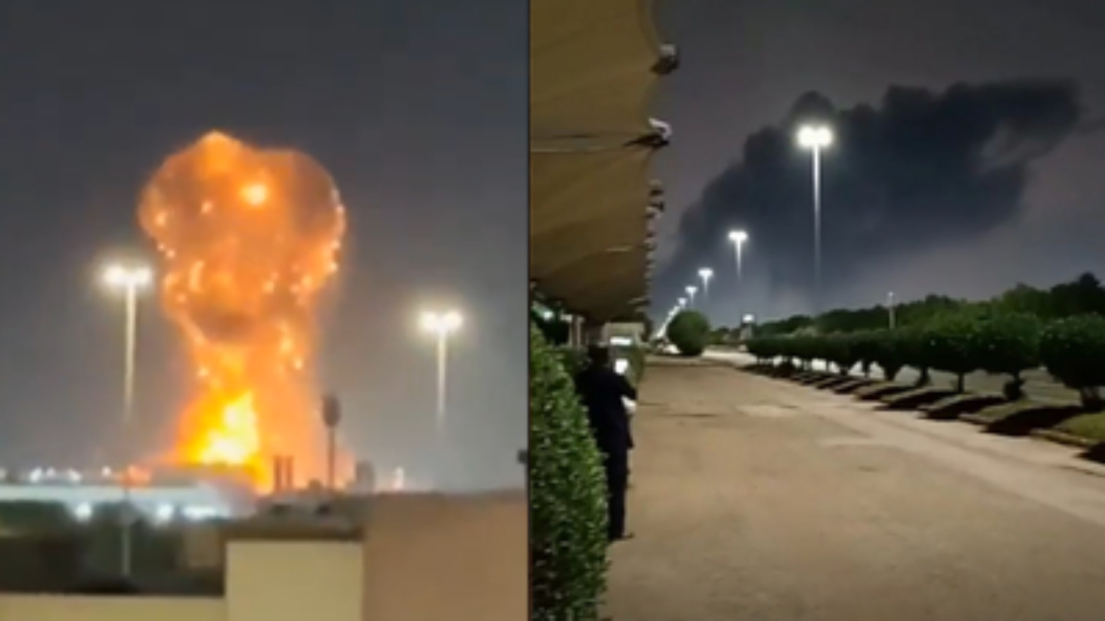 Explosion and smoke seen over Riyadh at night as fireball rises into the sky.