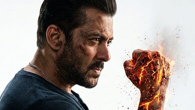 Salman Khan portrayed as a superhero with a fiery fist in a promotional image for his upcoming film.