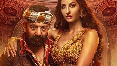 Sanjay Dutt and Nora Fatehi in vibrant costumes from 'Sarke Chunar' music video.