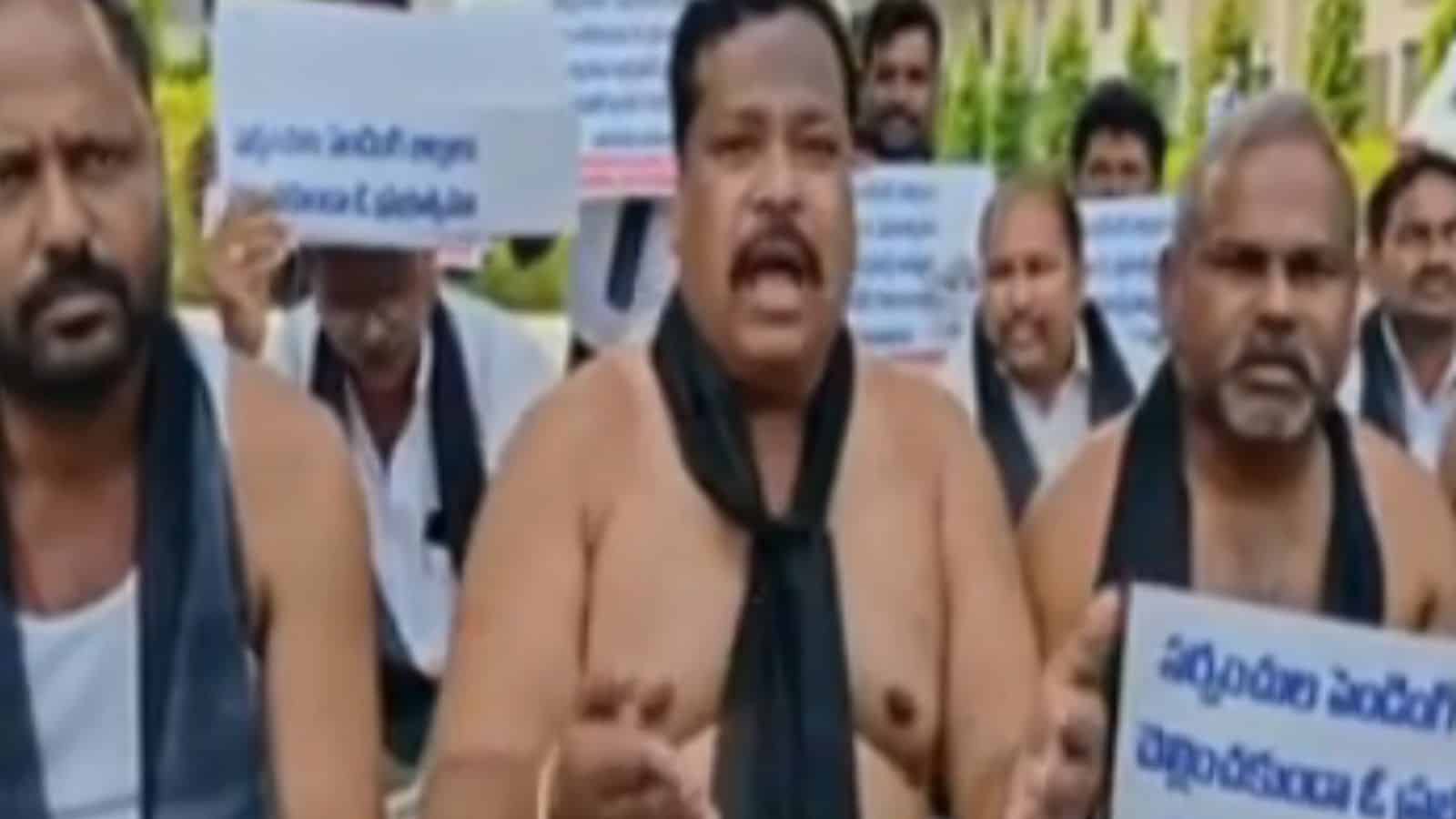 The image shows former sarpanches protesting at Suryapet District Collectorate demanding the payment of their bills on Monday, March 9.