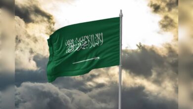 Saudi Arabian flag waving against a cloudy sky.