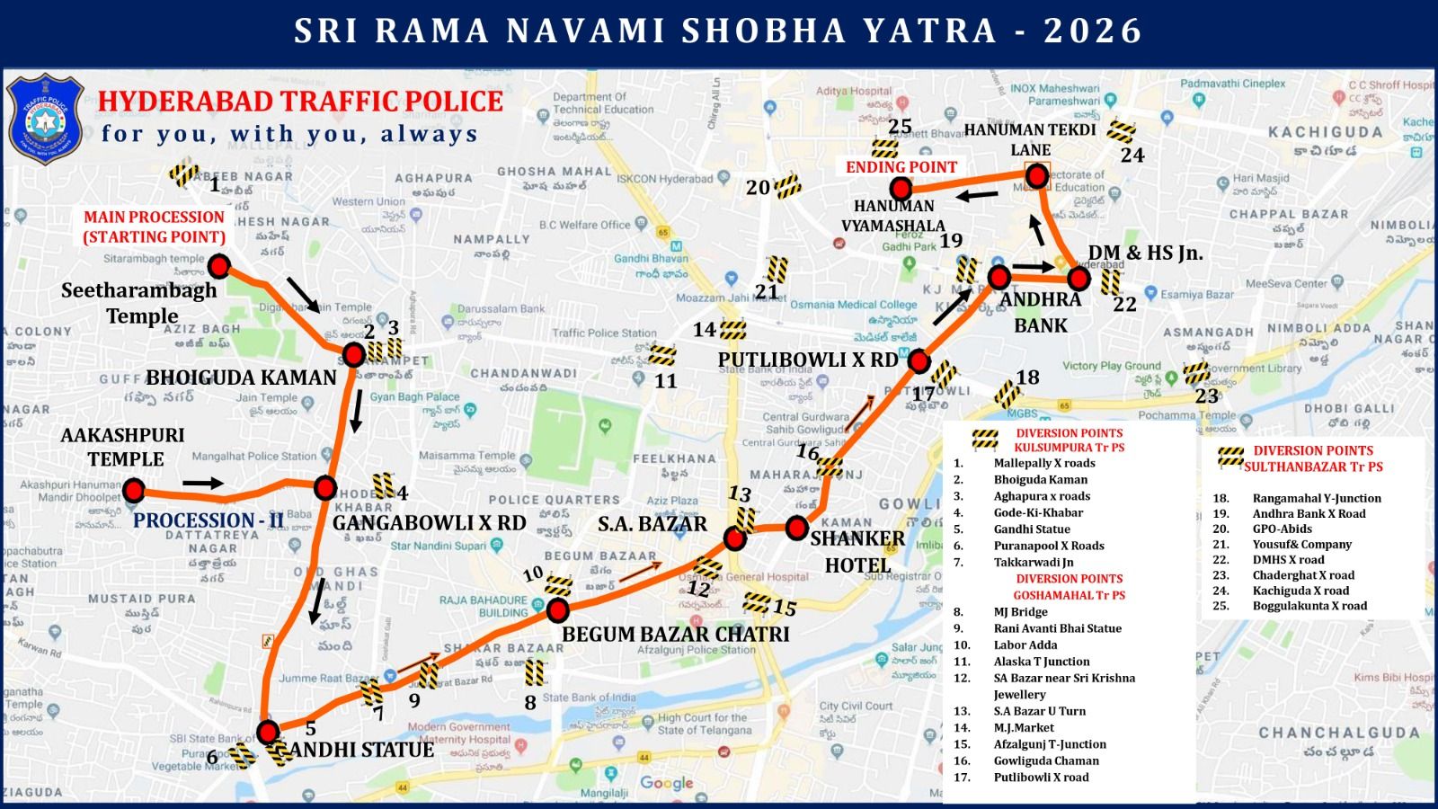 Traffic advisory for Ram Navami Shobha Yatra in Hyderabad