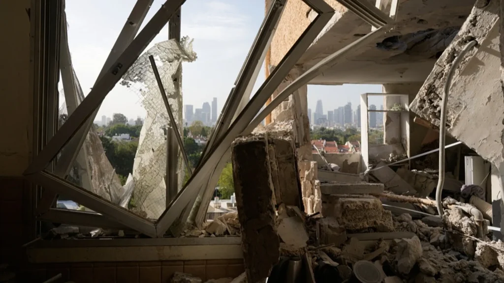 Damaged apartment interior in Tel Aviv after Iranian missile strike, with debris and shattered windows visible.