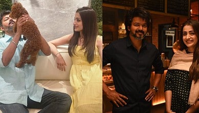 Thalapathy Vijay with Trisha, capturing a warm moment during a casual meet-up.