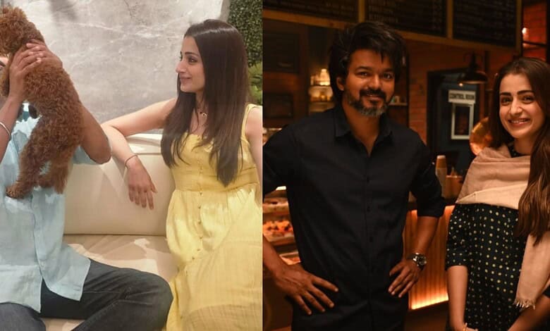 Thalapathy Vijay with Trisha, capturing a warm moment during a casual meet-up.