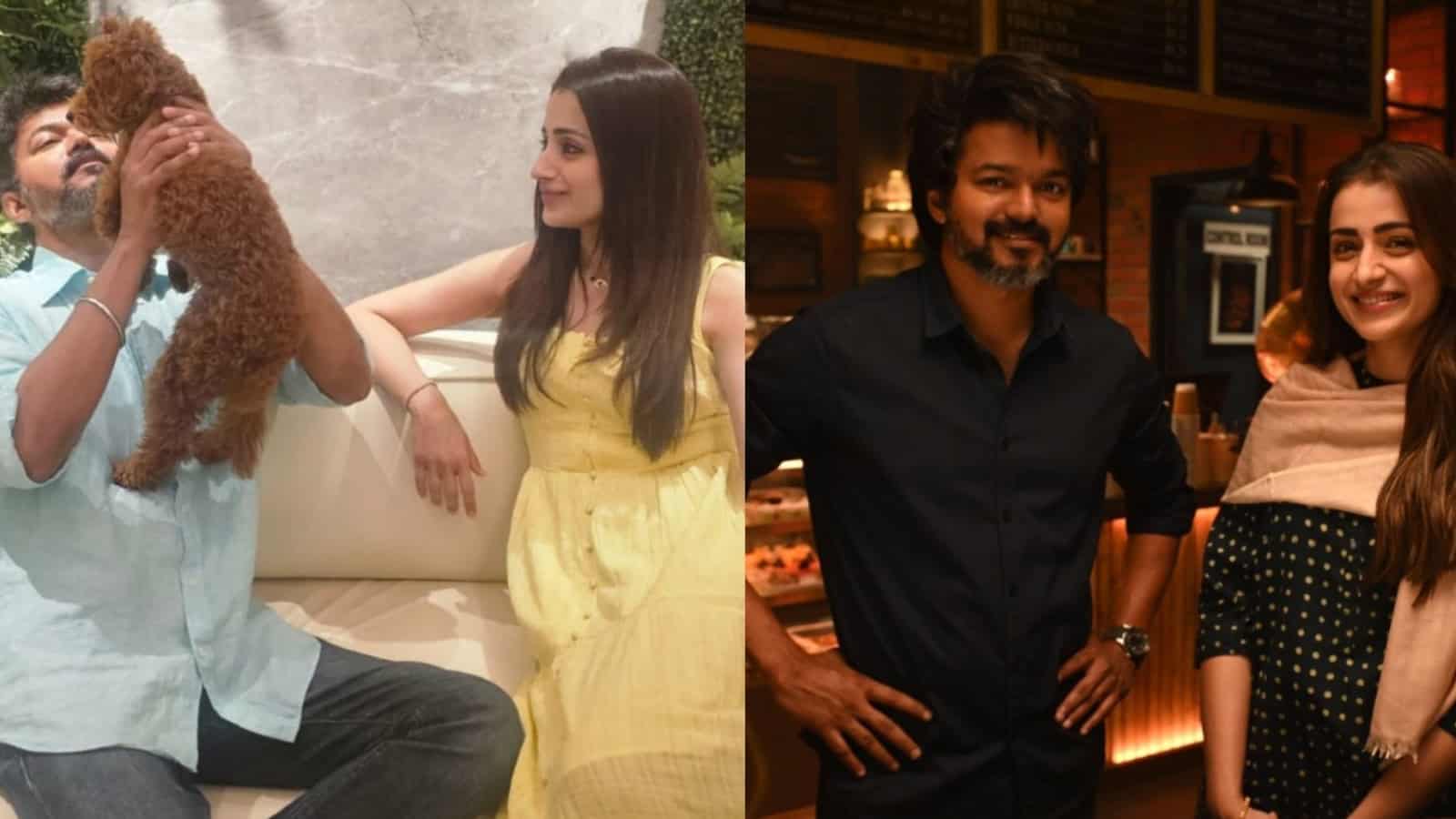 Thalapathy Vijay with Trisha, capturing a warm moment during a casual meet-up.