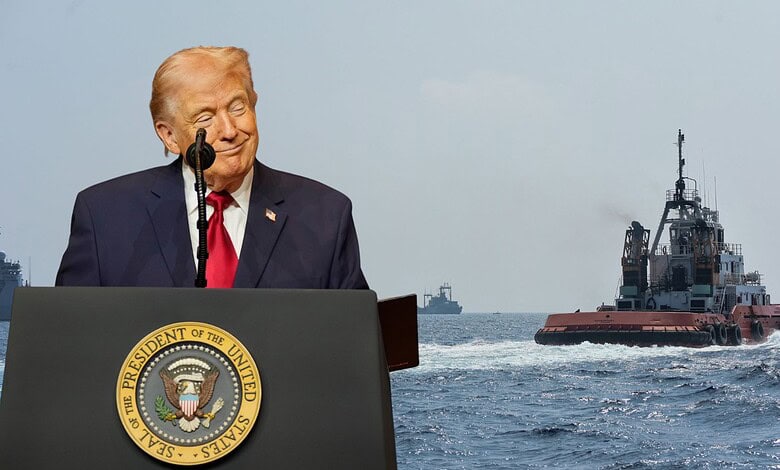 Donald Trump with a ship in the background