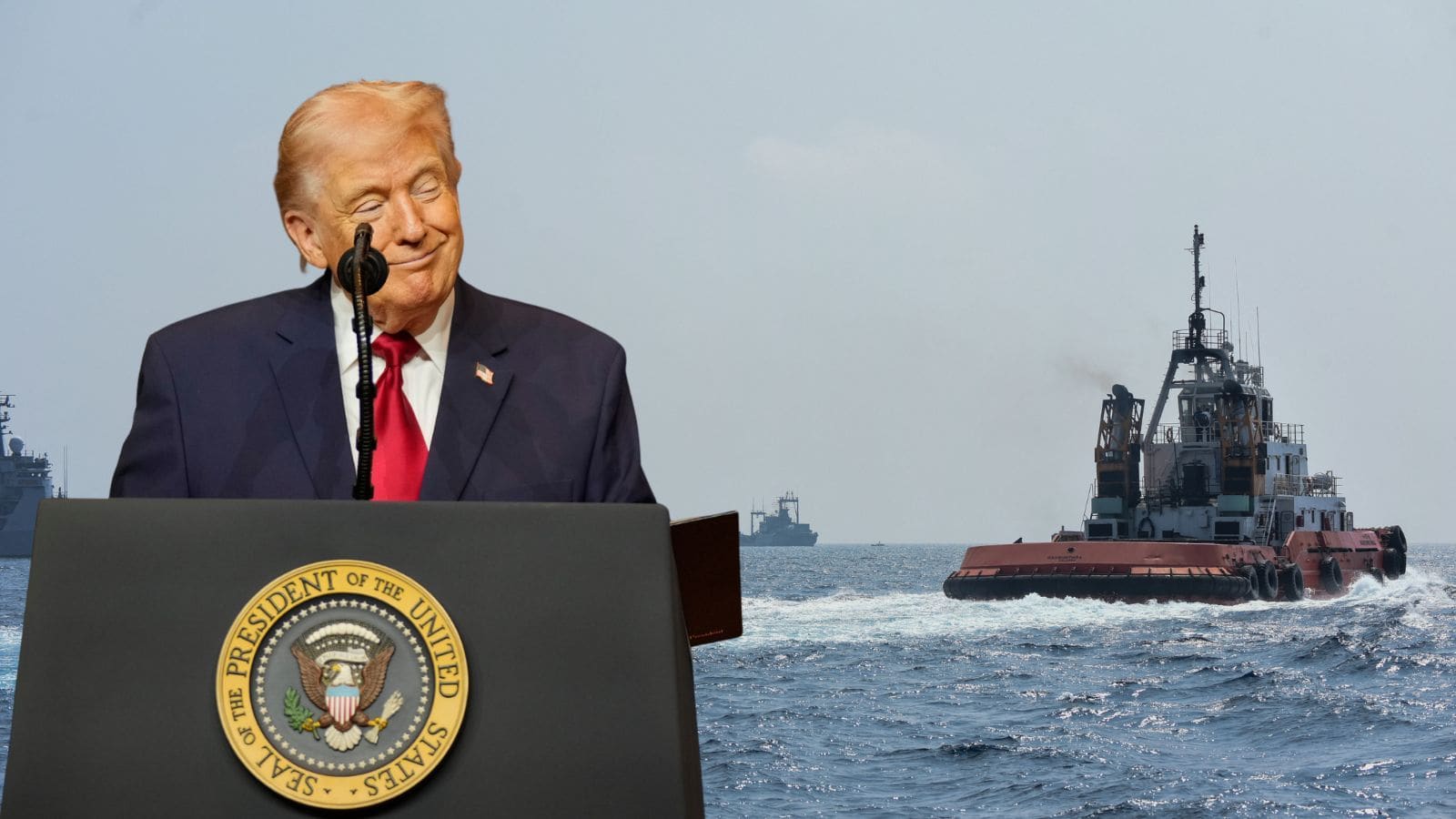 Donald Trump with a ship in the background
