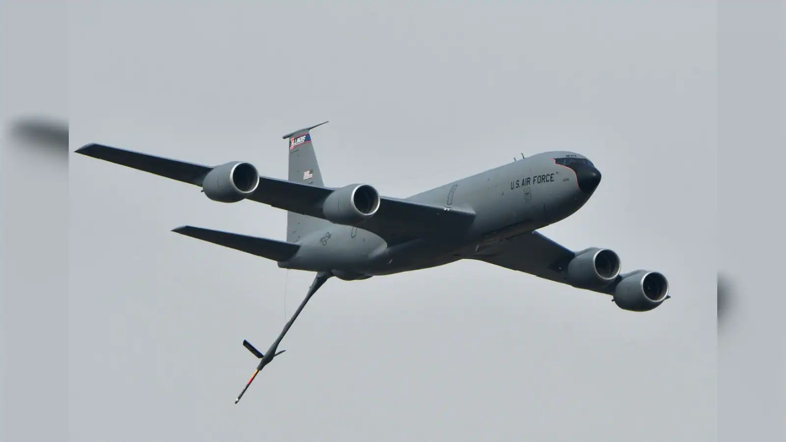 US Air Force KC-135 refuelling aircraft flying during aerial refuelling mission