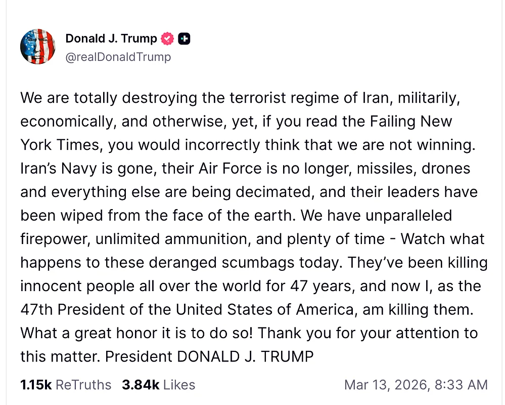 Screenshot of a social media post claiming the United States is destroying Iran’s military capabilities during the ongoing conflict.