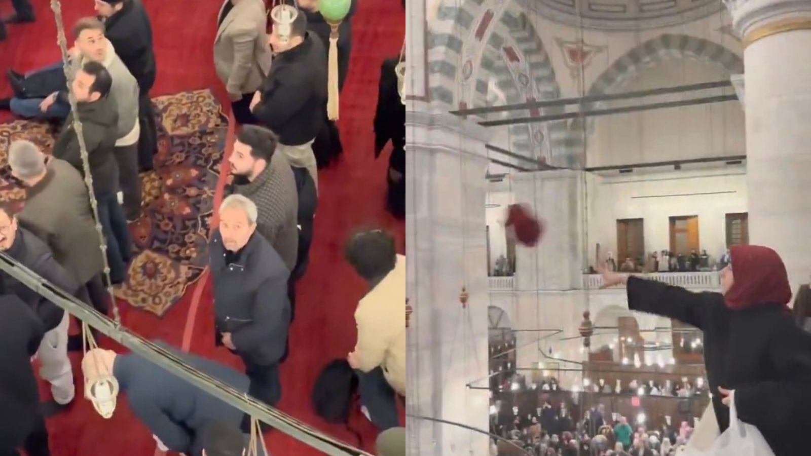Woman throws headscarf from upper level during protest at Istanbul’s Fatih Mosque as men look on below.