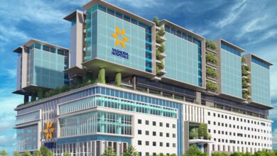 Image shows Exterior view of Yashoda Hospitals, a modern multi-storey healthcare facility in Hyderabad.