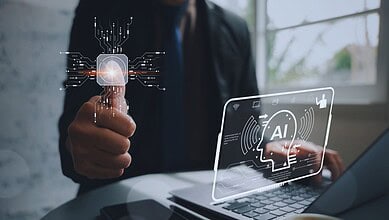 AI technology and digital innovation in modern workspace, featuring a person interacting with a virtual A.