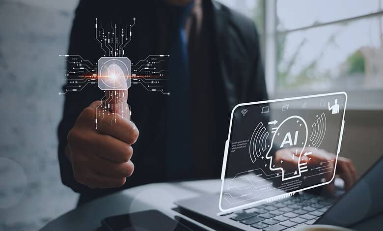 AI technology and digital innovation in modern workspace, featuring a person interacting with a virtual A.