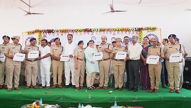 Police officers and officials at the Arrive Alive road safety event in Mahabubnagar.