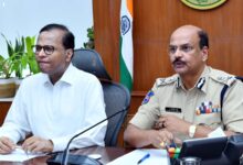 The image shows Telangana chief Secretary K Ramakrishna Rao and DGP B Shivadhar Reddy holding a review of the Arrive Alive programme being held in the state from April 13 to 18.