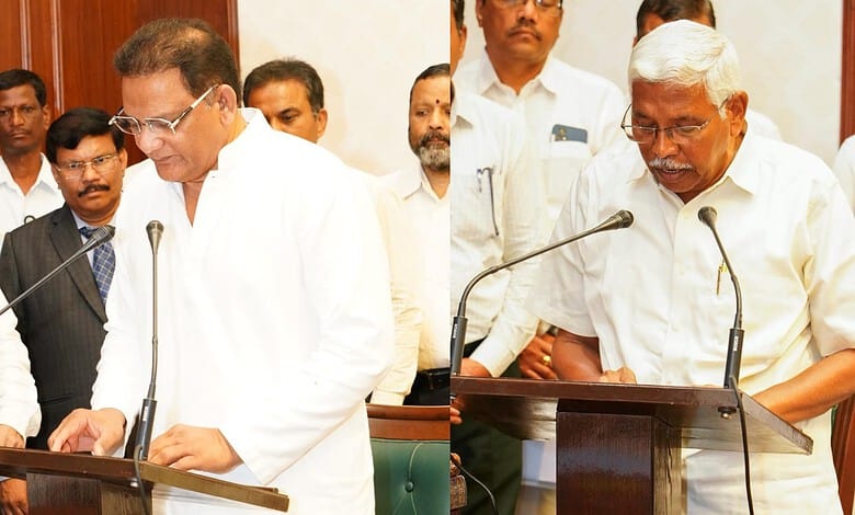 Azharuddin and Prof Kodandaram taking oath as Telangana MLCs during official ceremony.