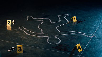 Chalk outline of a body on the ground with evidence markers, indicating a crime scene in Telangana.