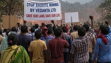 Protesters gather against Vedanta Ltd's bauxite mining, holding banners to protect land and environment i.