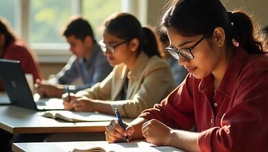 Students taking notes during CBSE Class 10 exam results announcement in Telangana, India.