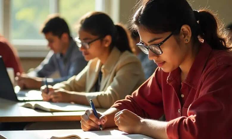 Students taking notes during CBSE Class 10 exam results announcement in Telangana, India.