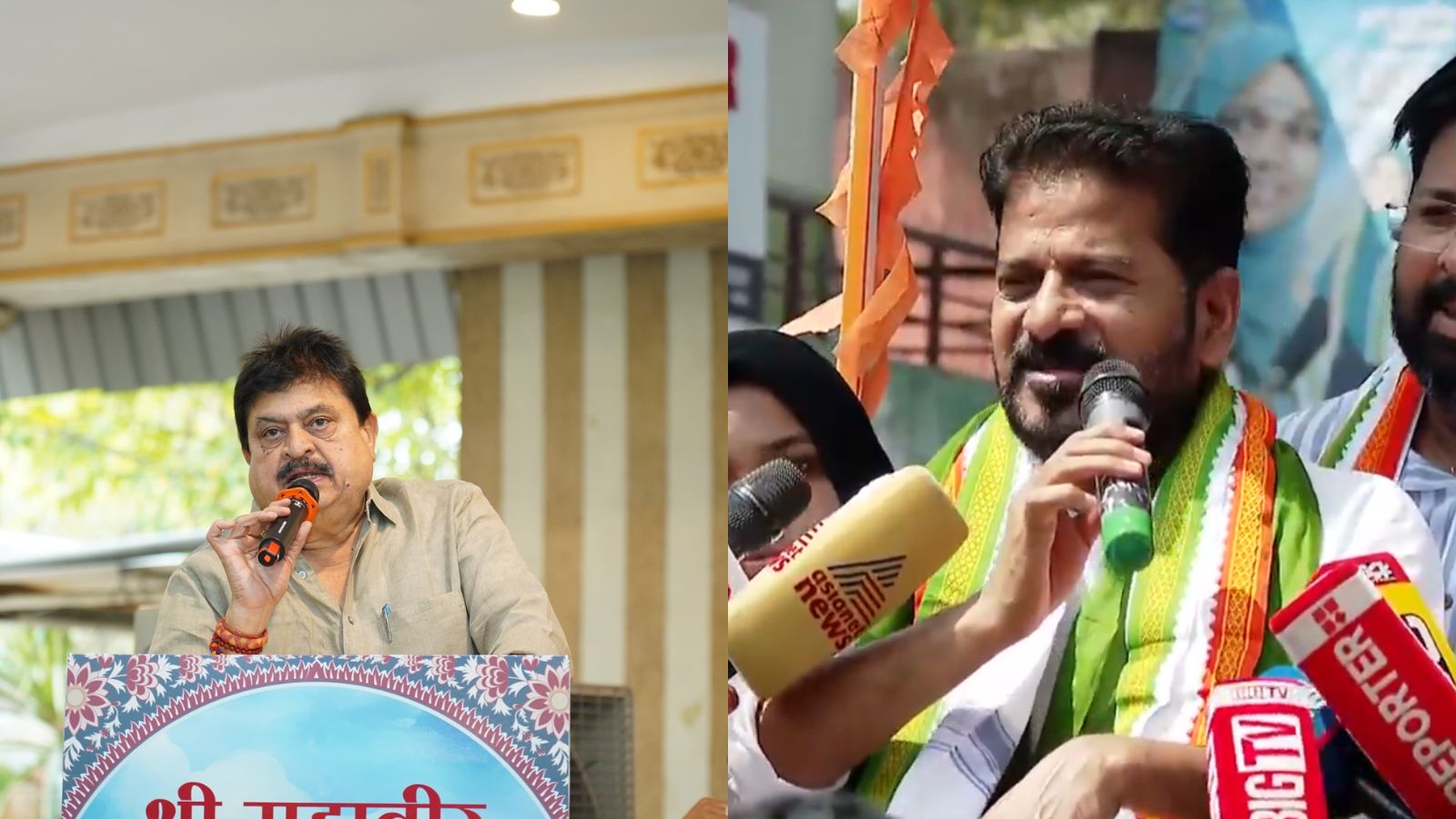 Telangana BJP chief N Ramchander Rao (left), Telangana Chief Minister Revanth Reddy (right)