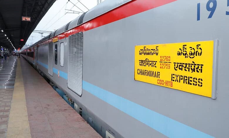 Charminar Express train with smoke and sparks on wheel at Aler station, train resumed journey after halt.