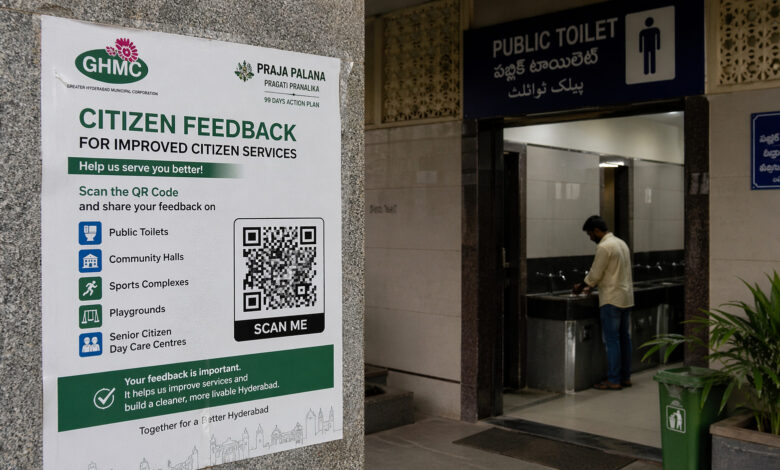 Man using public toilet in Hyderabad, promoting citizen feedback for civic space improvements.