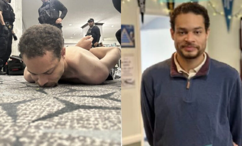 Cole Thomas Allen, a 31-year-old teacher from California on the ground surrounded by law enforcement officers at the Washington Hilton following the shooting at the White House